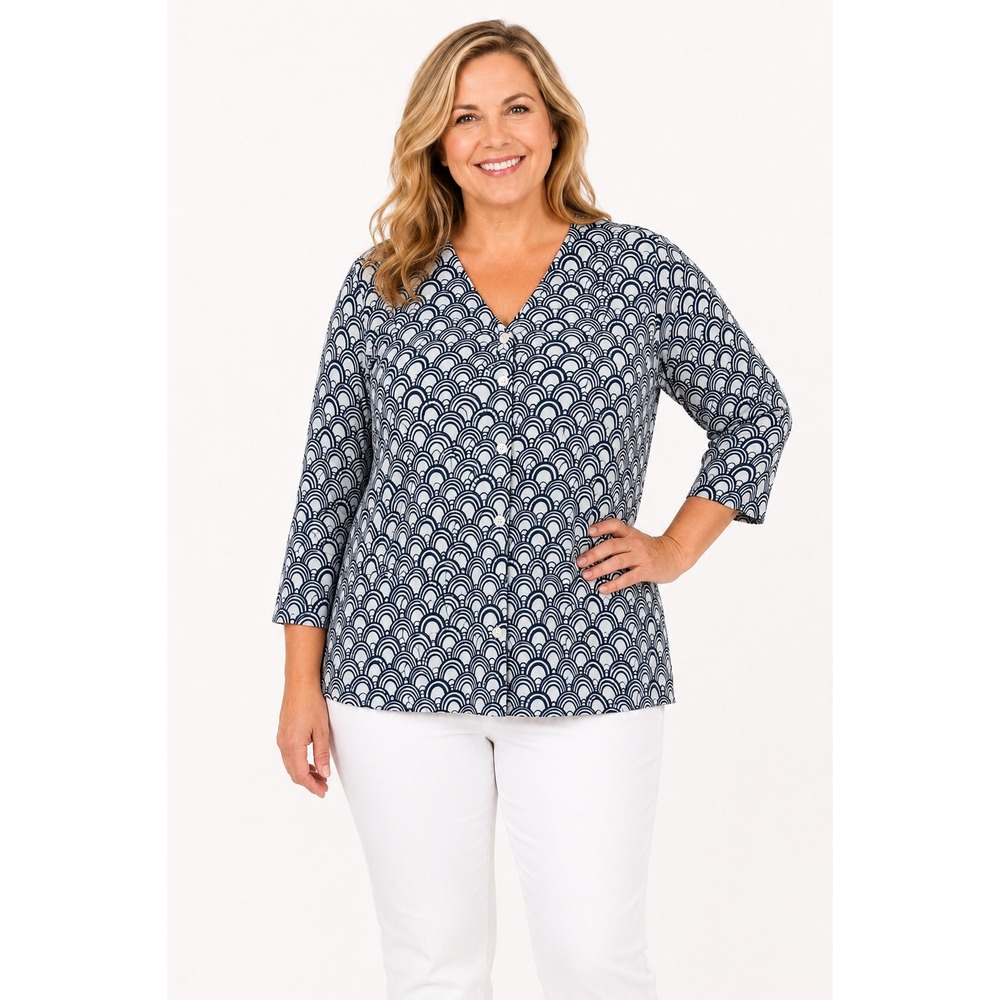 Talbots 1X Navy White Scallop Print Cardigan 3/4 Sleeve Button Front Lightweight